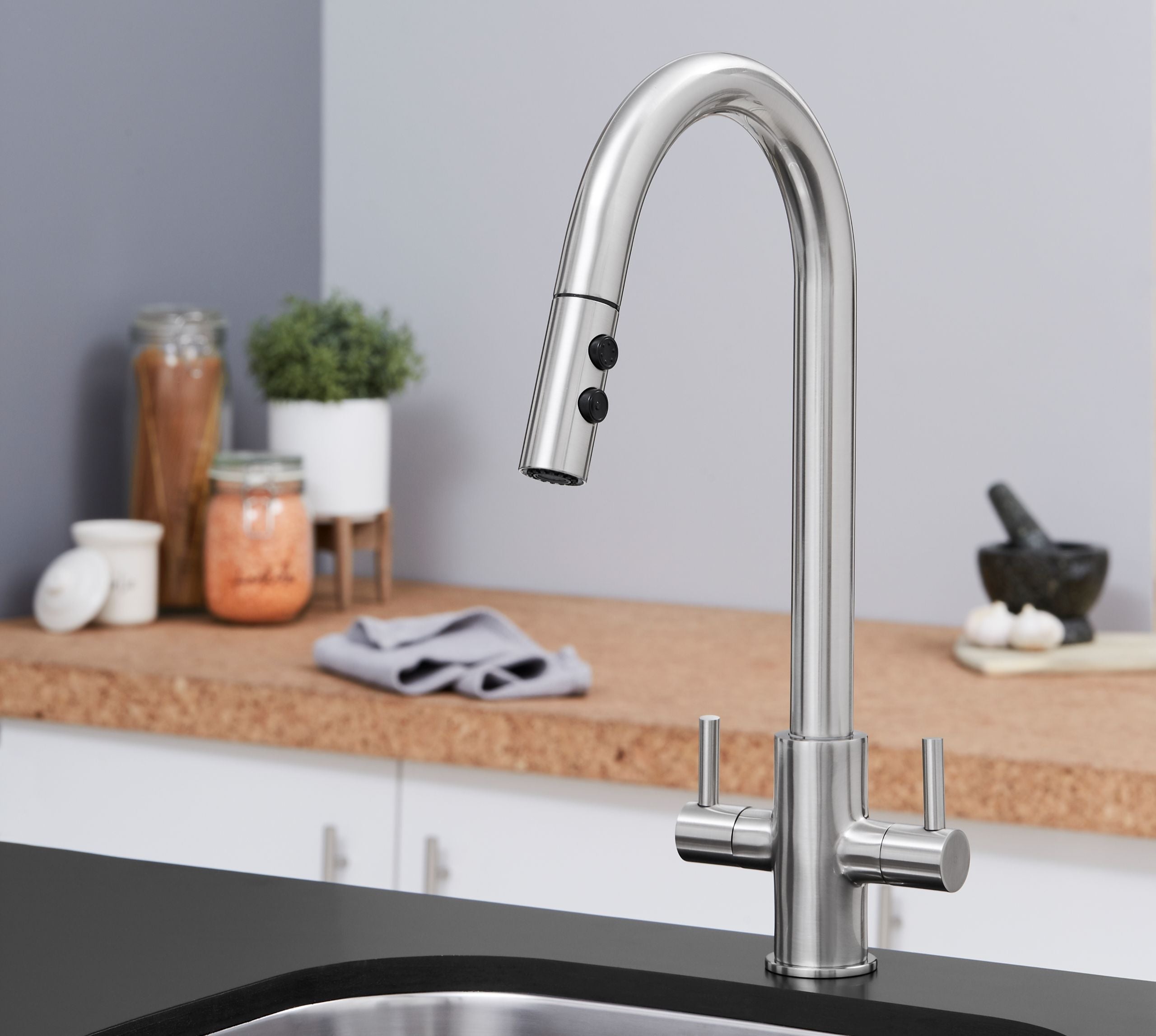 Shannon - Pull Out Twin Handle Swan Neck Mono Bloc Tap - Brushed Nickel
