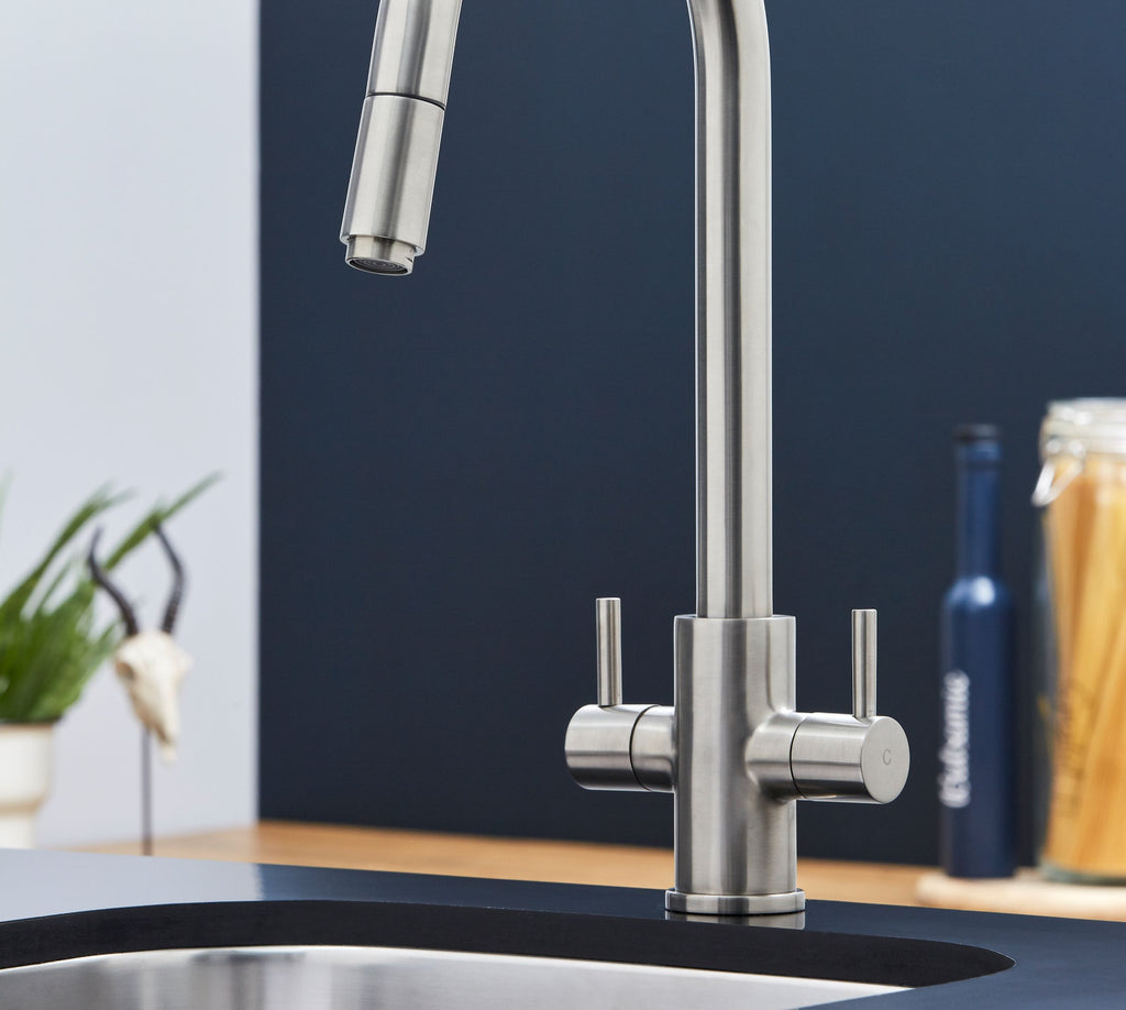 Shannon - Pull Out Twin Handle Swan Neck Mono Bloc Tap - Brushed Nickel