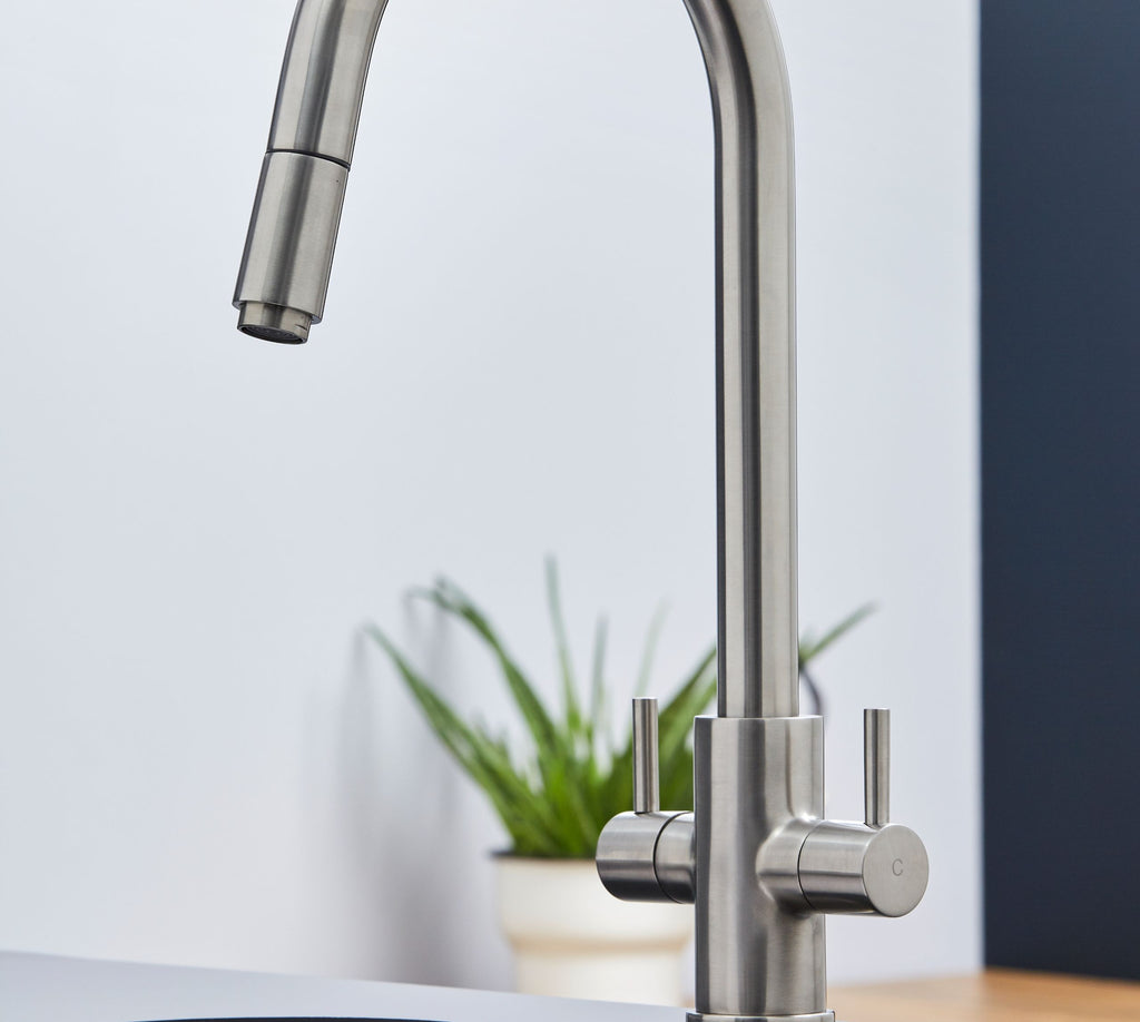 Shannon - Pull Out Twin Handle Swan Neck Mono Bloc Tap - Brushed Nickel