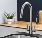 Shannon - Pull Out Twin Handle Swan Neck Mono Bloc Tap - Brushed Nickel