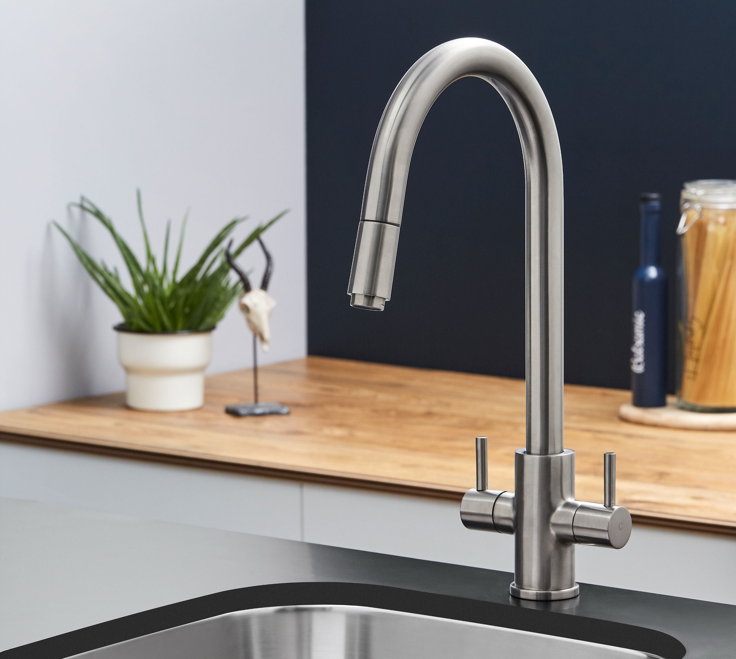 Shannon - Pull Out Twin Handle Swan Neck Mono Bloc Tap - Brushed Nickel