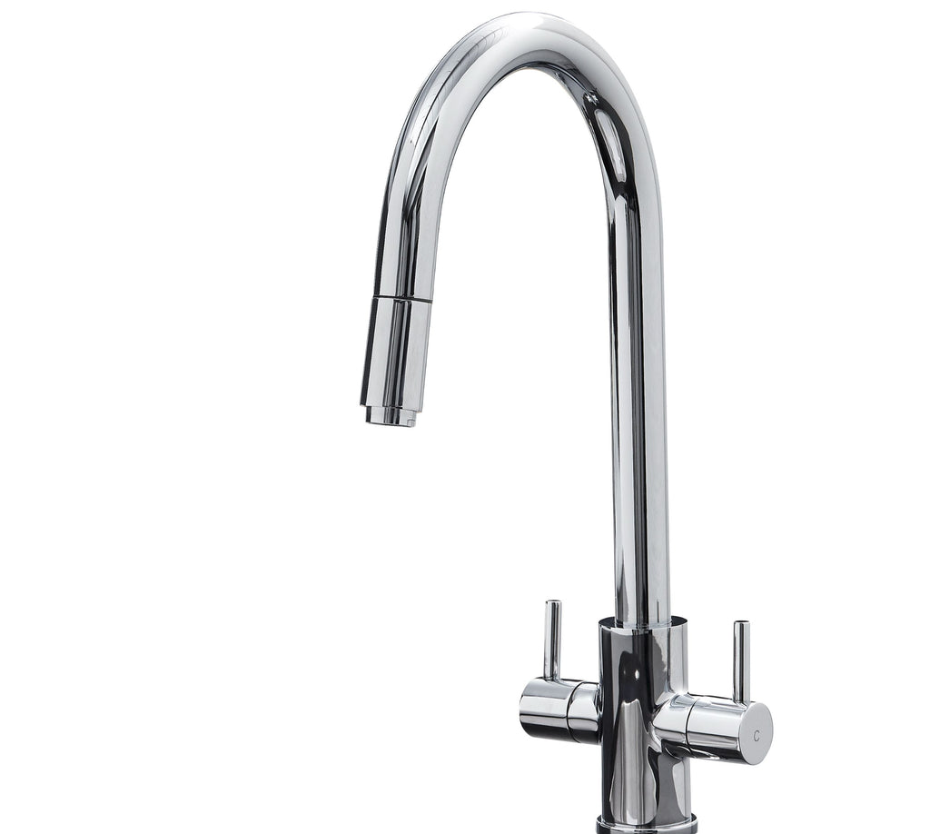 Shannon - Pull Out Twin Handle Swan Neck Mono Bloc Tap - Brushed Nickel