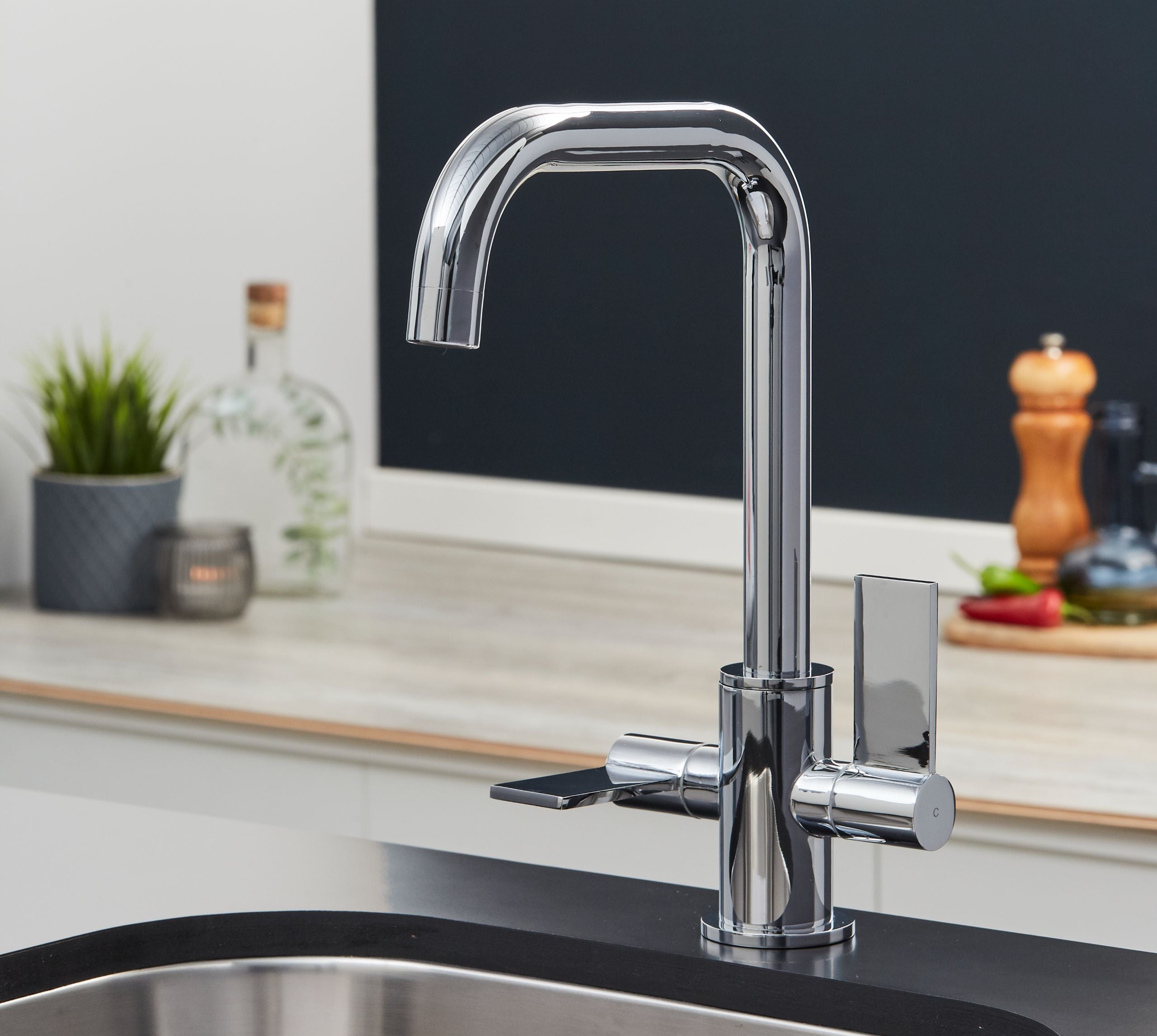 Malton Mono Bloc Flat Twin Lever Handles with Round D shaped Spout - Chrome